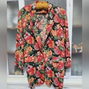 Nicole Miller Vintage Floral Longline Blazer in Red, Green & Orange
